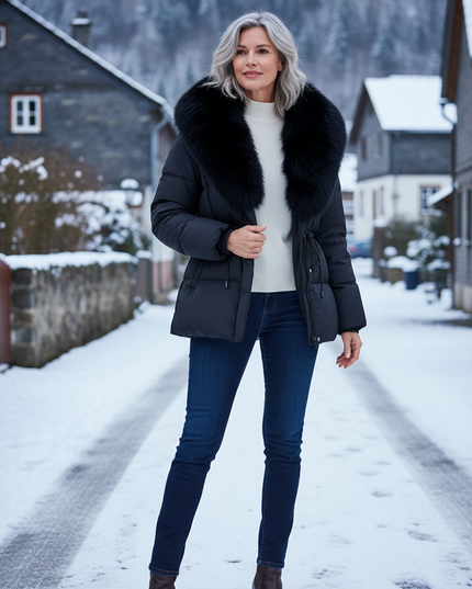 Daunenjacke mit Fell Damen schwarz 90% Daunen - Ansicht 1