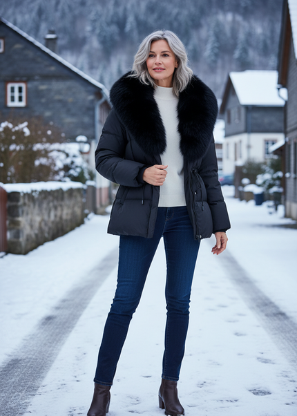 Daunenjacke mit Fell Damen schwarz 90% Daunen - Ansicht 1