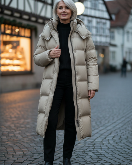 Dicke lange Daunenjacke Damen in Beige mit Kapuze - Ansicht 1