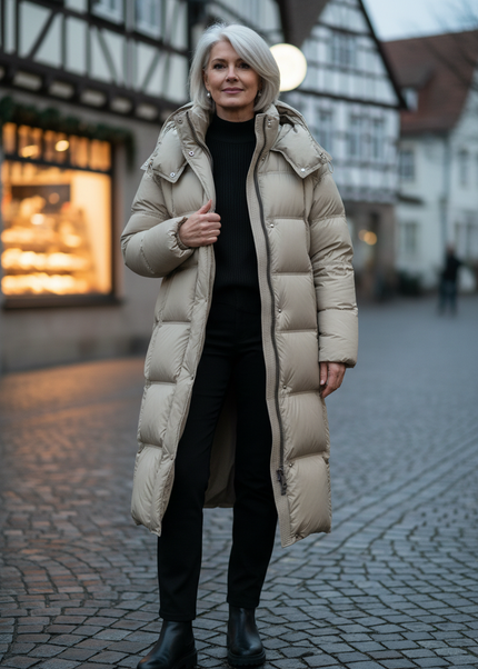 Dicke lange Daunenjacke Damen in Beige mit Kapuze - Ansicht 1