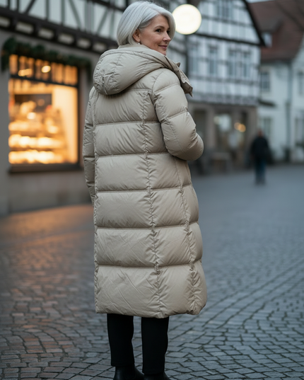 Dicke lange Daunenjacke Damen in Beige mit Kapuze - Ansicht 2