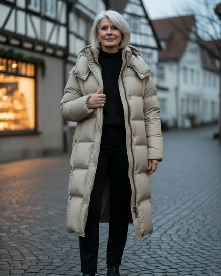 Dicke lange Daunenjacke Damen in Beige mit Kapuze - Ansicht 3