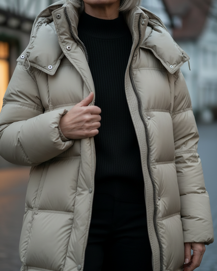 Dicke lange Daunenjacke Damen in Beige mit Kapuze - Ansicht 4