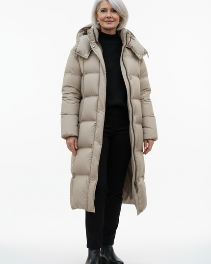 Dicke lange Daunenjacke Damen in Beige mit Kapuze - Ansicht 5