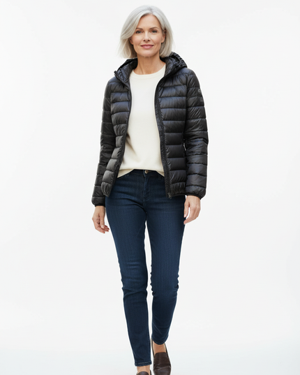 Federleichte Daunenjacke Damen schwarz mit Kapuze - Ansicht 5