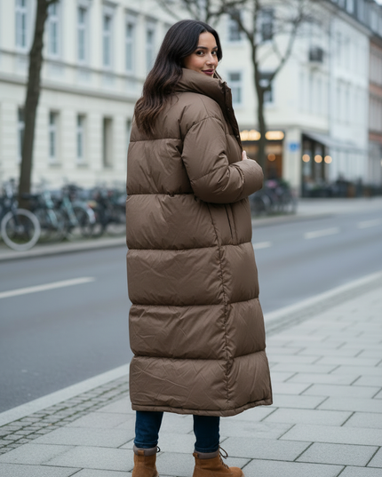 Kaffee Daunenmantel lang mit 90 % Daunenfüllung - Ansicht 2