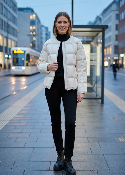 Kurze Pufferjacke Damen creme mit 90 % Daunen - Ansicht 1