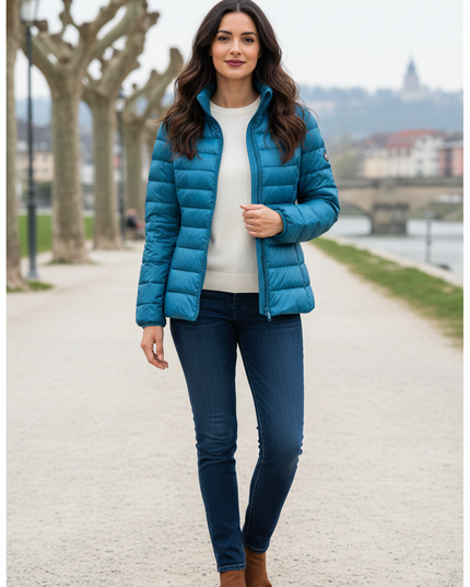 Leichte Daunenjacke Damen Petrol mit Stehkragen - Ansicht 1