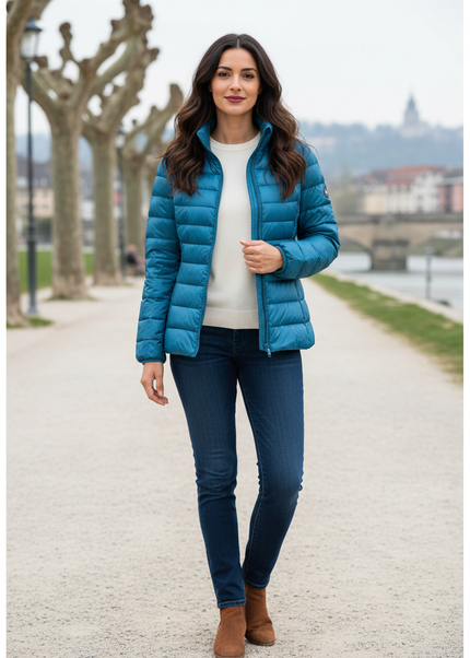 Leichte Daunenjacke Damen Petrol mit Stehkragen - Ansicht 1