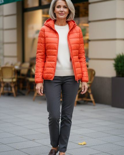 Leichte Daunenjacke Orange Damen mit Kapuze - Ansicht 1