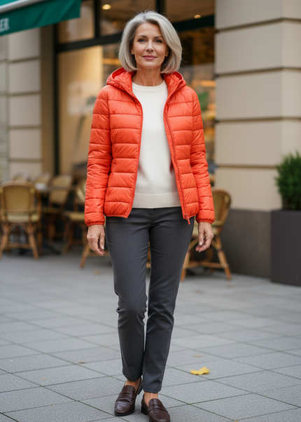 Leichte Daunenjacke Orange Damen mit Kapuze - Ansicht 1