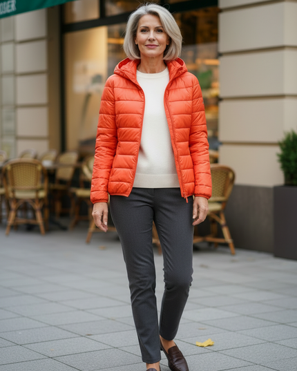 Leichte Daunenjacke Orange Damen mit Kapuze - Ansicht 3