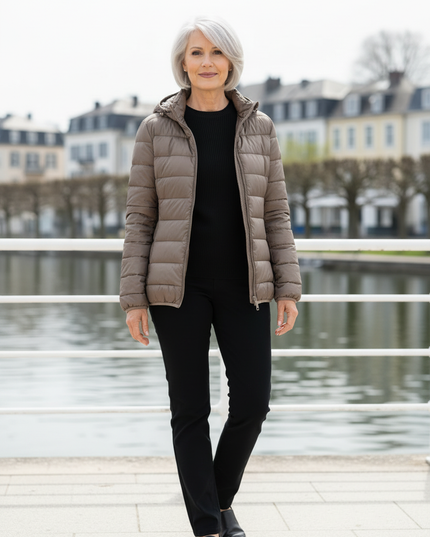 Leichte Daunenjacke Taupe mit Kapuze - Ansicht 3