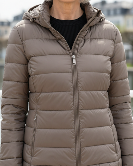 Leichte Daunenjacke Taupe mit Kapuze - Ansicht 4