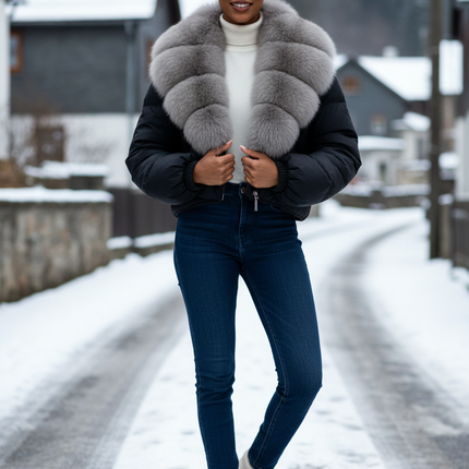 Mini Daunenjacke schwarz mit Fuchsfellkragen - Ansicht 1