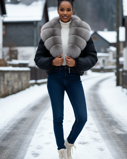 Mini Daunenjacke schwarz mit Fuchsfellkragen - Ansicht 1