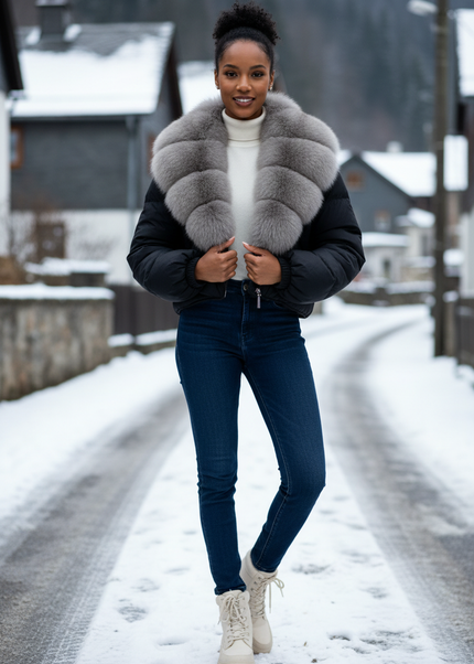 Mini Daunenjacke schwarz mit Fuchsfellkragen - Ansicht 1