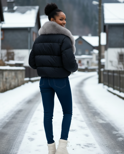 Mini Daunenjacke schwarz mit Fuchsfellkragen - Ansicht 2