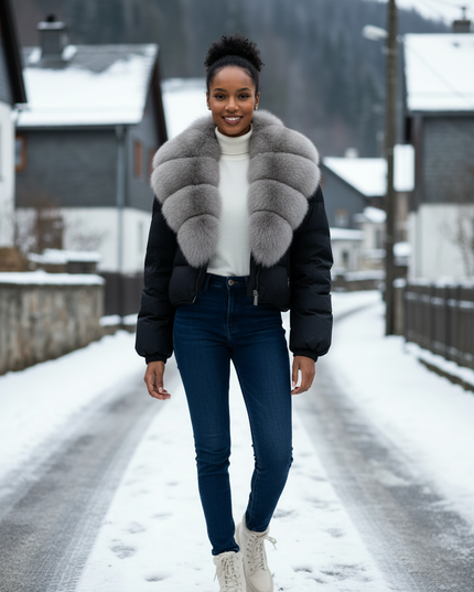 Mini Daunenjacke schwarz mit Fuchsfellkragen - Ansicht 3