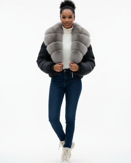 Mini Daunenjacke schwarz mit Fuchsfellkragen - Ansicht 5