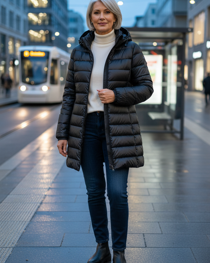Mittellange Pufferjacke Damen schwarz mit Kapuze - Ansicht 1