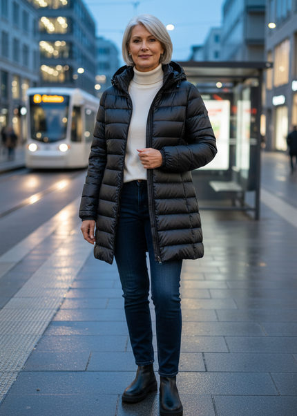 Mittellange Pufferjacke Damen schwarz mit Kapuze - Ansicht 1