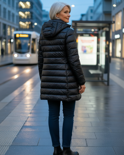 Mittellange Pufferjacke Damen schwarz mit Kapuze - Ansicht 2