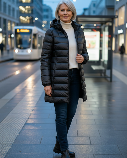 Mittellange Pufferjacke Damen schwarz mit Kapuze - Ansicht 3