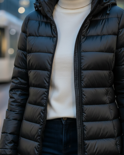 Mittellange Pufferjacke Damen schwarz mit Kapuze - Ansicht 4