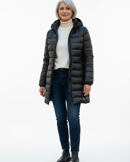 Mittellange Pufferjacke Damen schwarz mit Kapuze - Ansicht 5