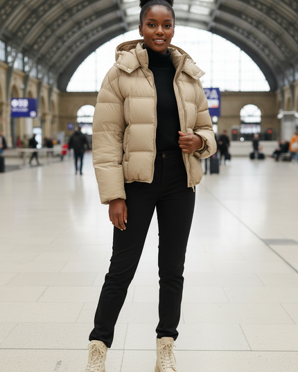 Puffer Jacke Damen Kapuze beige mit Daunen - Ansicht 1