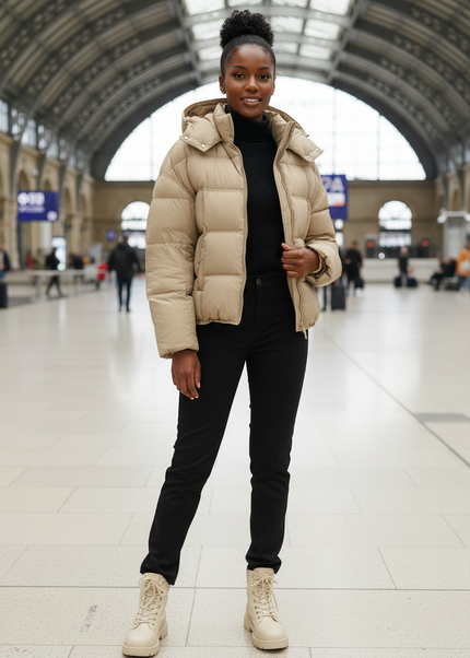 Puffer Jacke Damen Kapuze beige mit Daunen - Ansicht 1