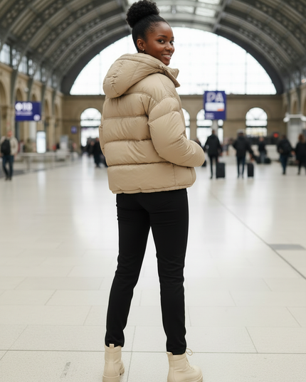 Puffer Jacke Damen Kapuze beige mit Daunen - Ansicht 2