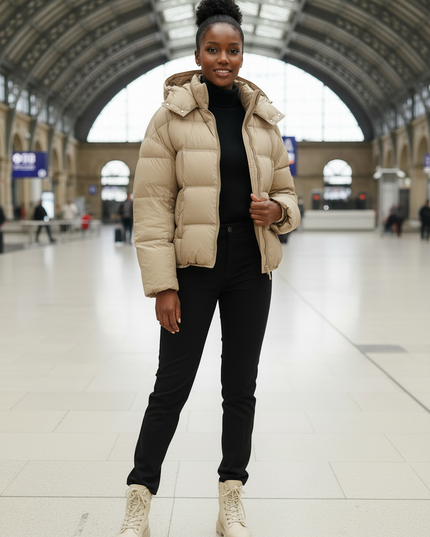 Puffer Jacke Damen Kapuze beige mit Daunen - Ansicht 3