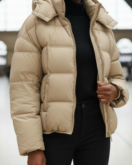 Puffer Jacke Damen Kapuze beige mit Daunen - Ansicht 4