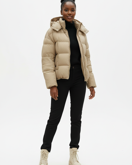 Puffer Jacke Damen Kapuze beige mit Daunen - Ansicht 5