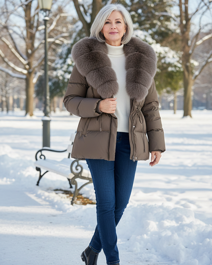 Puffer Jacke Damen mit Fell - braun, 90% Daunen - Ansicht 1
