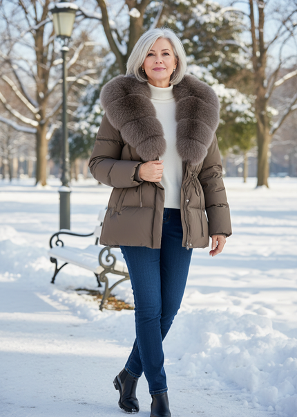 Puffer Jacke Damen mit Fell - braun, 90% Daunen - Ansicht 1