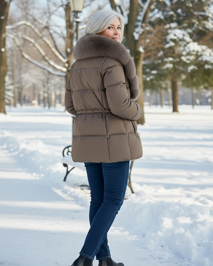 Puffer Jacke Damen mit Fell - braun, 90% Daunen - Ansicht 2
