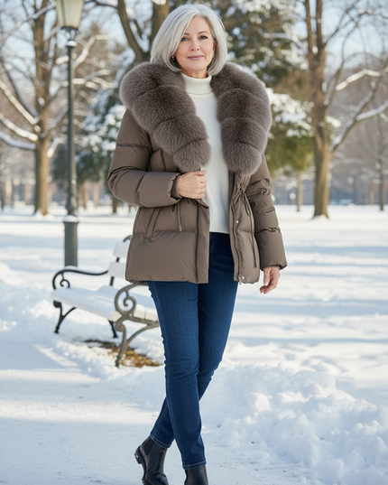 Puffer Jacke Damen mit Fell - braun, 90% Daunen - Ansicht 3