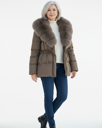 Puffer Jacke Damen mit Fell - braun, 90% Daunen - Ansicht 5