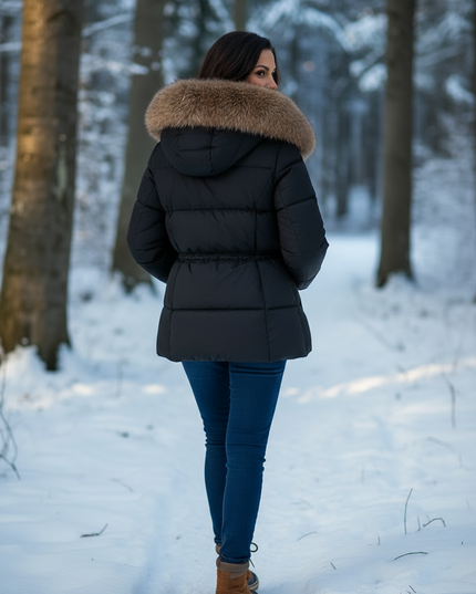 Puffer Jacke Damen mit Fellkapuze schwarz Echtfell - Ansicht 2