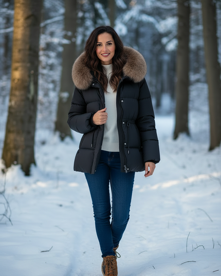 Puffer Jacke Damen mit Fellkapuze schwarz Echtfell - Ansicht 3