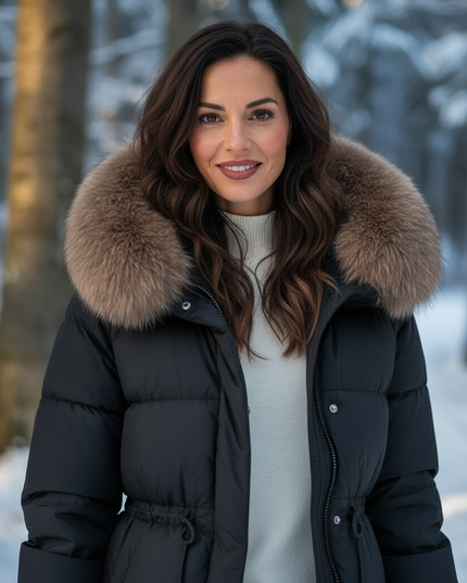 Puffer Jacke Damen mit Fellkapuze schwarz Echtfell - Ansicht 4