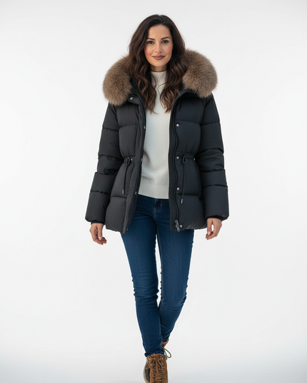 Puffer Jacke Damen mit Fellkapuze schwarz Echtfell - Ansicht 5