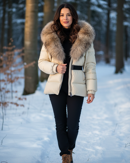 Schicke Daunenjacke in Creme mit Echtfellkapuze - Ansicht 1