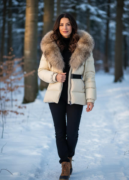 Schicke Daunenjacke in Creme mit Echtfellkapuze - Ansicht 1