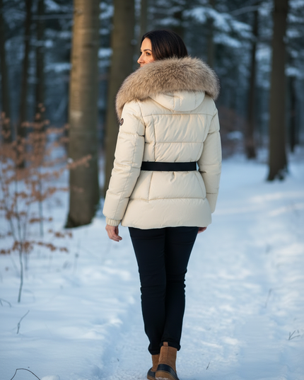 Schicke Daunenjacke in Creme mit Echtfellkapuze - Ansicht 2
