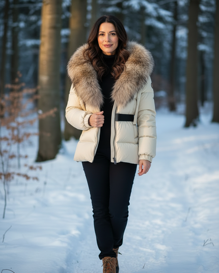 Schicke Daunenjacke in Creme mit Echtfellkapuze - Ansicht 3