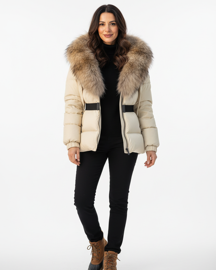 Schicke Daunenjacke in Creme mit Echtfellkapuze - Ansicht 5